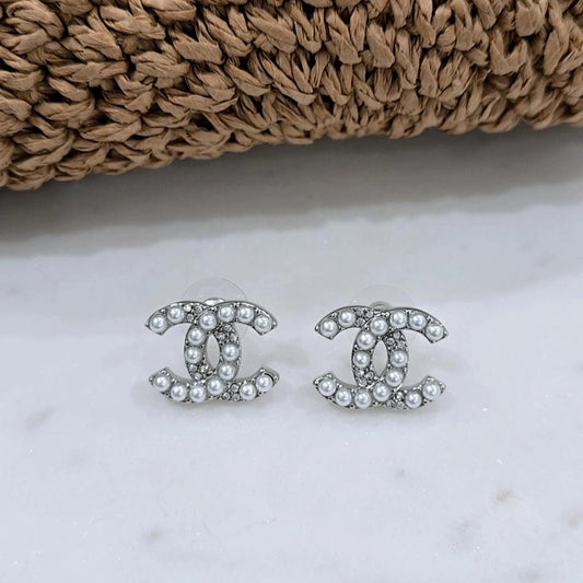 Medium C C Pearl & Zirconia Earrings