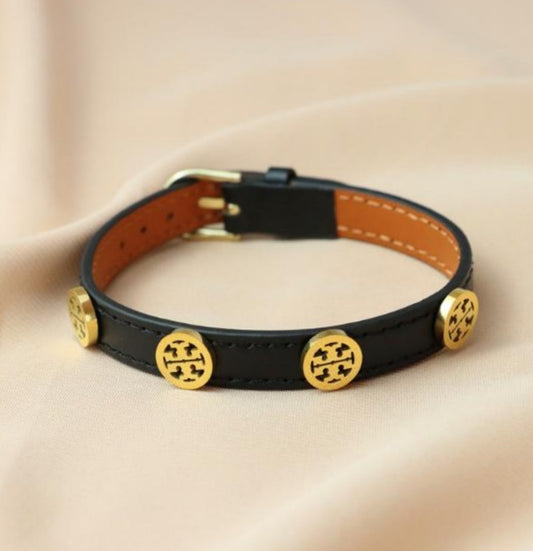 T Black Leather Adjustable Bracelet